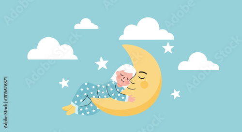 Child Sleeping Peacefully Embracing the Smiling Moon in a Starry Night Sky