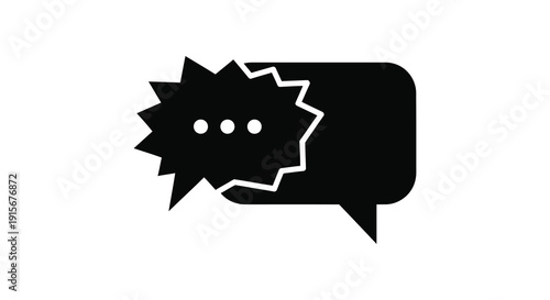 A minimalist black and white illustration depicts a broken speech bubble with three ellipsis points inside high quality