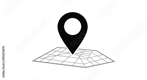 A simple black map marker icon is positioned over a grayscale grid representing a map high quality professional