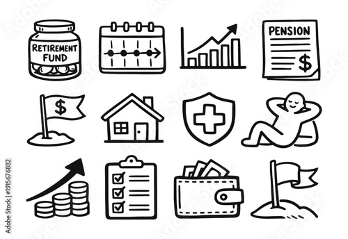 Hand Drawn Comprehensive Retirement Planning Icons Set. Doodle Vector Symbols for Pension, Health, and Financial Security.
