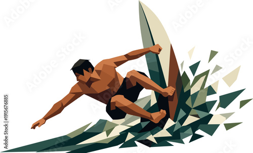 Low-poly vector illustration of a surfer mid-cutback under maximum tension, extreme angular body twist with board nearly