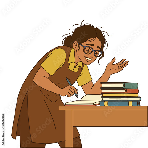 Tired Indian school girl with glasses studying late night at desk with books