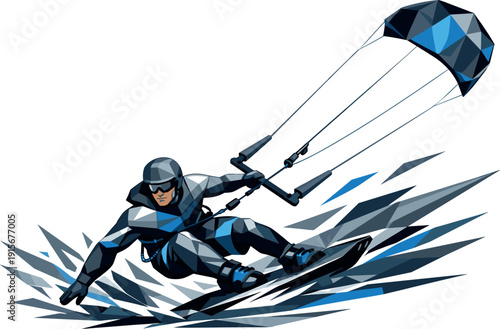 Low-poly vector illustration of a kiteboarder carving hard while preparing for a jump, low angular stance with knees compressed