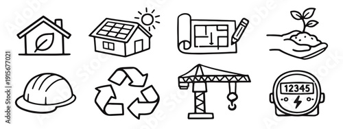 Eco-Friendly Building and Sustainable Construction Hand Drawn Icons, Green Energy and Architecture Line Art Vector Set