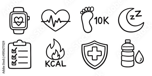 Health and Fitness Tracking Doodle Icons Set, Wellness and Activity Monitor Hand-Drawn Symbols, Digital Health Line Art Vector
