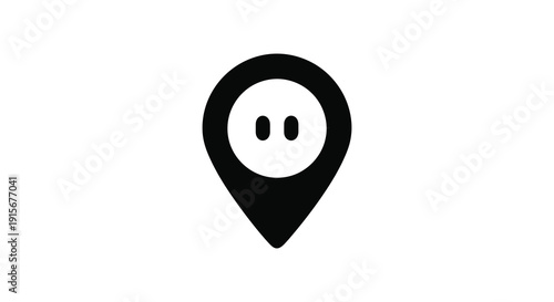 A simple black and white graphic depicts a location pin with two circular eyes resembling a face