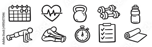 Fitness and Workout Exercise Doodle Icons Set, Gym and Sports Activity Hand-Drawn Symbols, Healthy Lifestyle and Training Line Art