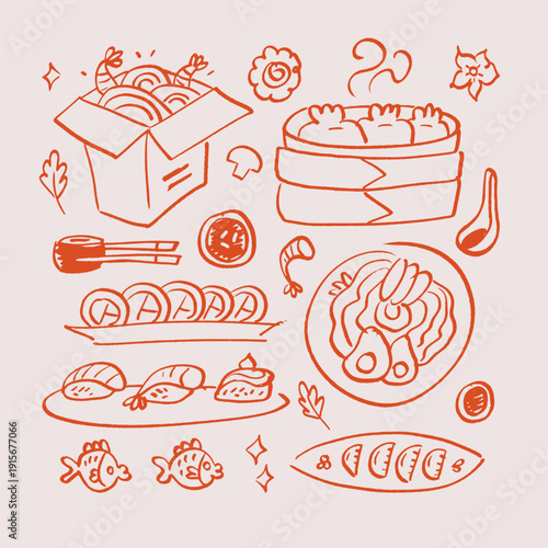 Asian street food hand drawn terracotta doodle set. Imperfect sketch of wok noodles, dim sum and shrimp. Spicy cuisine vector illustration in rough line art style.