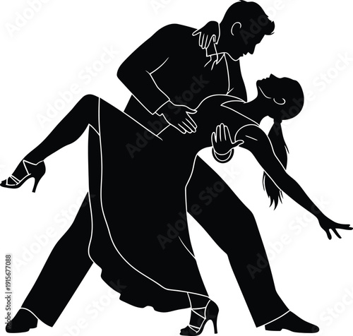 Couple dancing tango, passionate dancers in elegant silhouette, romantic ballroom dance performance with dramatic pose.