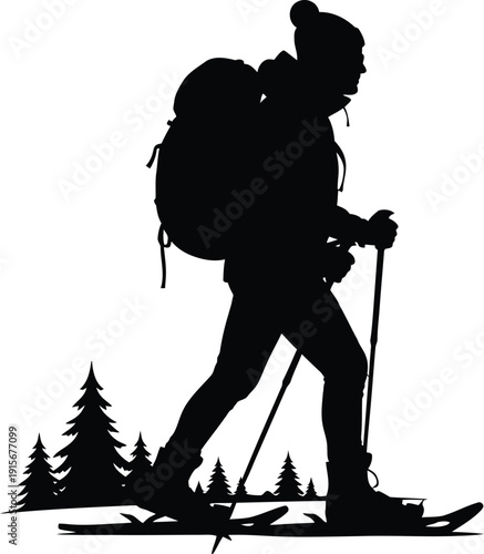 Woman mountaineer hiking in snowy forest, silhouette of a trekker with backpack and snowshoes, winter adventure and exploration.