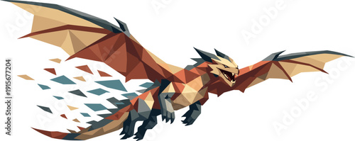Low-poly vector illustration of a dragon soaring forward after the swoop, wings extended in smooth controlled flight, faceted