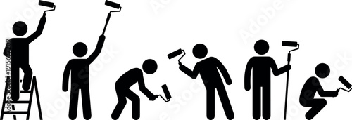 Diverse Set Of Professional House Painter Stick Figure Icons Using Paint Rollers And Ladders For Home Interior Renovation Services Isolated On White Background