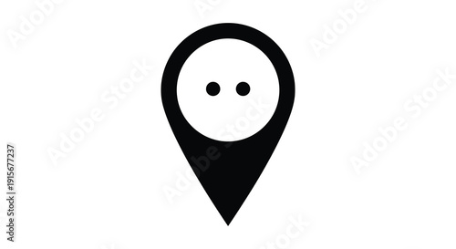 A simple black and white icon depicts a location pin with a minimalist cartoonish face high quality professional