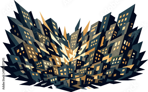 Low-poly vector illustration of night city lights under peak tension, dense clusters of illuminated buildings compressed into