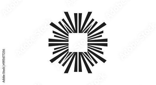 A stark black and white graphic depicts a central square surrounded by radiating black lines evoking a burst or star