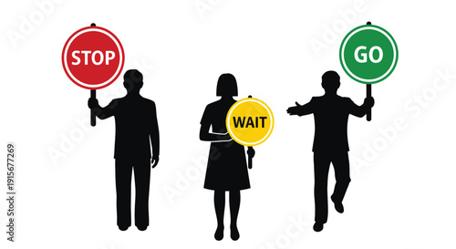 Silhouetted figures holding signs displaying stop go and wait
