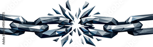 Low-poly vector illustration of a blockchain chain under strain before snapping, taut angular chain links pulled in opposite