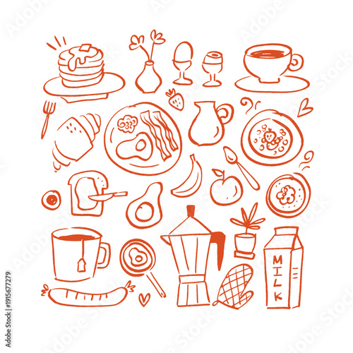 Cozy home breakfast hand drawn doodle set. Imperfect terracotta sketch of pancakes, sausages, toast and milk. Warm morning food vector illustration in line art style.