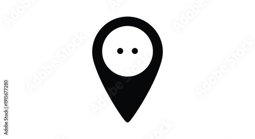 A minimalist black and white graphic depicts a location pin icon with a simple smiling face inside high quality professional