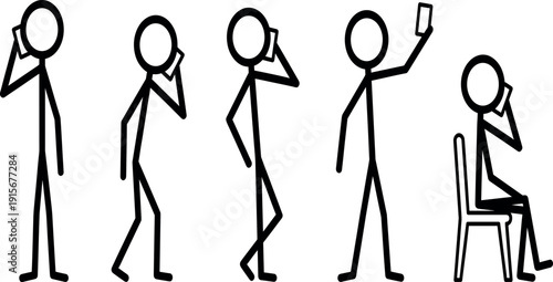 Set Of Black Stick Figure Icons Representing People Using Mobile Phones Including Calling Talking Walking Taking A Selfie And Sitting Isolated On White Background