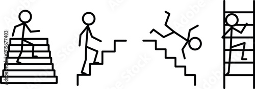 Set of stick figure icons depicting a man walking up a staircase, climbing a step ladder, falling down stairs, and ascending stairs for business concepts.