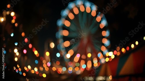 Bright lights illuminate a carnival scene with a large colorful ferris wheel in the background at night