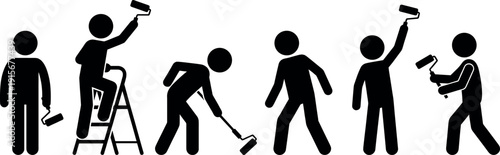 Set Of Black Stick Figure Icons Representing Professional House Painters Using Rollers On Ladders And Floors For Home Renovation Industry Isolated On White Background