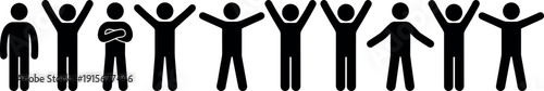 Vector set of stick figure human icons standing in a row with various arm poses, raised hands, cheering silhouettes, and business team gesture icons.