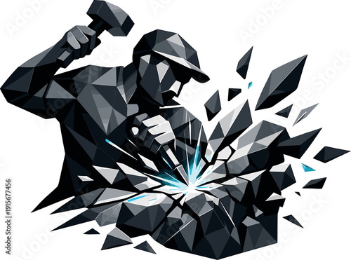 Low-poly vector illustration of a sculptor breaking through with a perfect chisel strike, stone surface cracking cleanly as