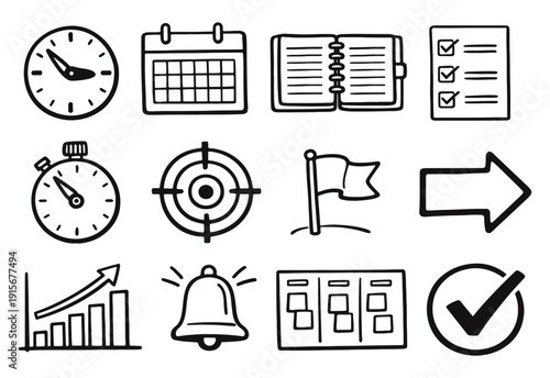 Business, Planning and Management Hand-Drawn Icon Set