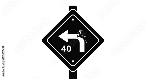 Black and white road sign indicating a sharp left turn with speed limit