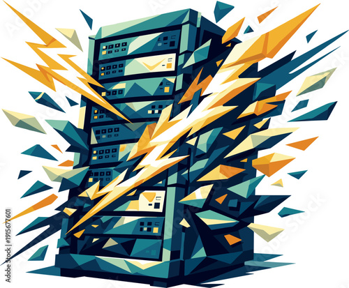 Low-poly vector illustration of a server rack during active electrical escalation, sharp angular bolts and polygonal shards