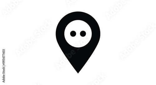A minimalist black icon depicts a location pin with a playful cartoon like face inside high quality professional detailed