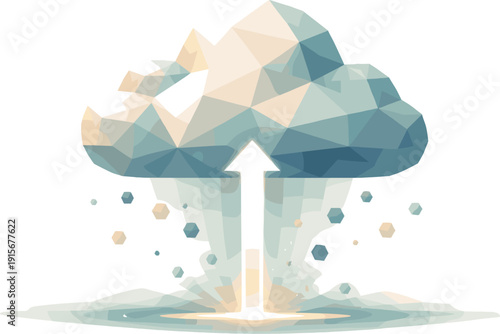 Low-poly vector illustration of a completed cloud upload stream representing the future state, cloud fully formed and stable with