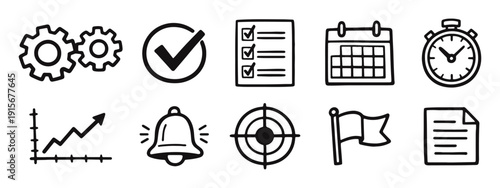 Business Process and Productivity Hand Drawn Icon Set. Planning, Management, Task, and Goal Related Doodle Symbols.