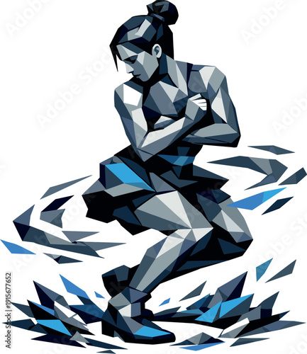 Low-poly vector illustration of a dancer preparing to spin, grounded angular stance with one foot planted and the other poised,