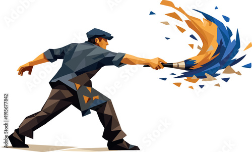 Low-poly vector illustration of a painter creating a bold brush splash, single artist with sharply faceted anatomy and angular