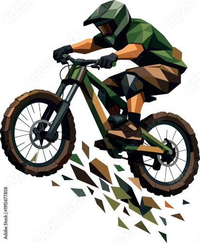 Low-poly vector illustration of a mountain biker frozen mid-jump, full-body rider and bike with sharply faceted anatomy and