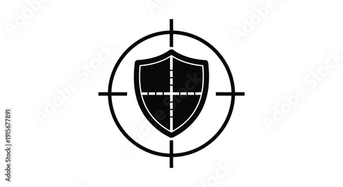 A black and white graphic depicts a shield centered within a targeting reticle symbolizing protection and security