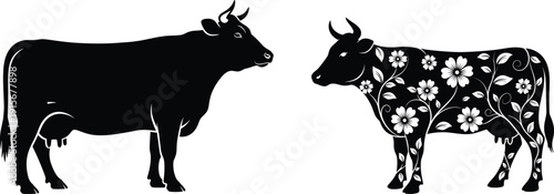 Silhouette of two cows one solid black and one spotted standing side by side in profile view on white background silhouette
