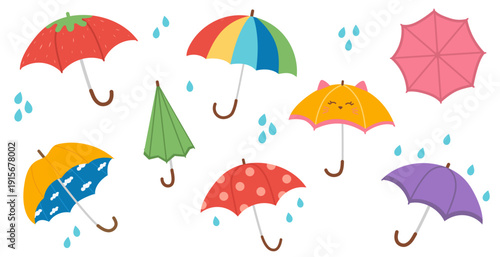 Cute umbrella collection with raindrops. Closed and open vector umbrellas set. Colorful umbrellas, rainy weather, seasonal spring decor. Flat vector illustration isolated on white background.