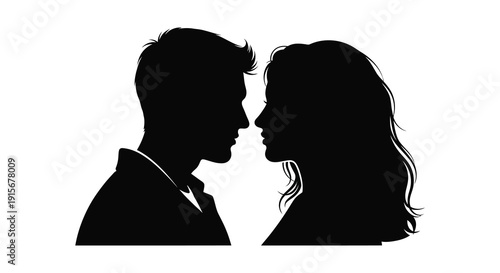 A striking black silhouette depicts a man and a woman facing each other seemingly about to kiss