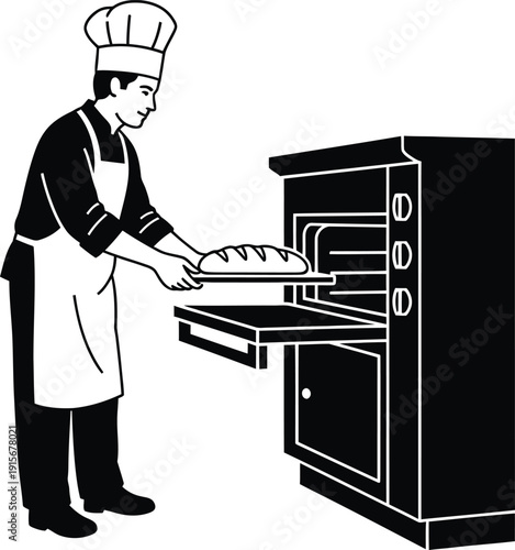 Baker placing fresh bread into a large oven, professional baking, clean illustration.