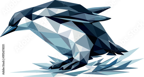 Low-poly vector illustration of a penguin preparing to slide on ice, upright angular stance transitioning into a crouch, faceted