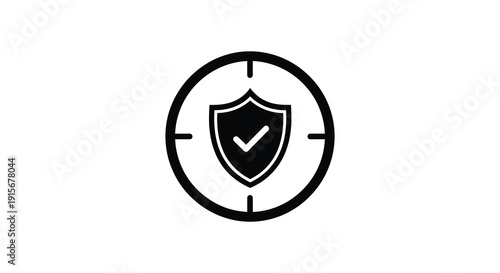A simple black and white graphic depicts a shield with a checkmark inside a circular target symbol