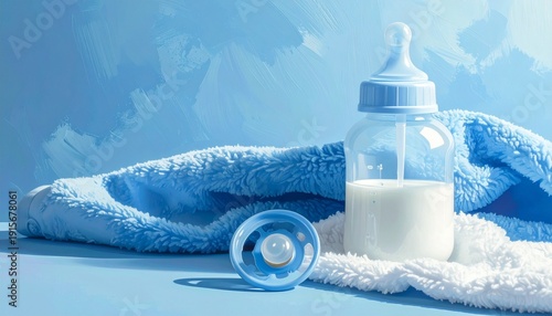 Baby Bottle with Milk, Pacifier, and Soft Towel on Blue Surface