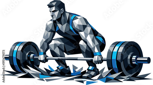 Geometric Powerlift Focus. Low-poly vector illustration of a weightlifter setting up for the clean and jerk, deep angular stance