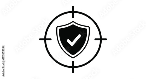 A black and white graphic depicts a target reticle focusing on a shield with a checkmark high quality