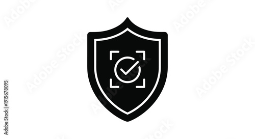 A sleek black shield icon features a white focus square with a checkmark symbolizing security and verification