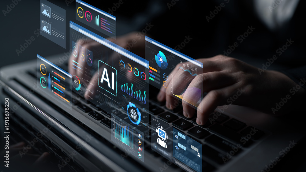 Obraz premium AI business intelligence interface featuring real-time AI data visualization, predictive AI model graphs, and automated report tools driven by AI artificial intelligence for business solution. Corpus